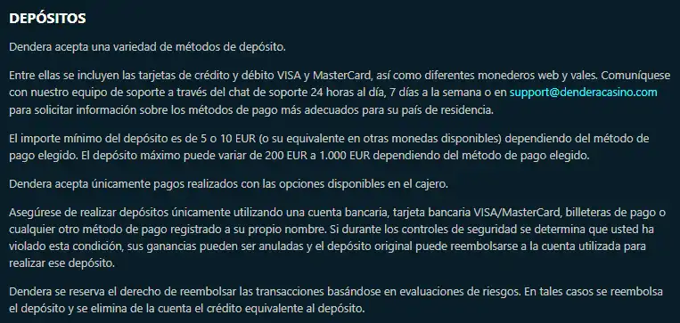 Sección Banking oficial de Dendera con métodos de depósito y referencias en EUR