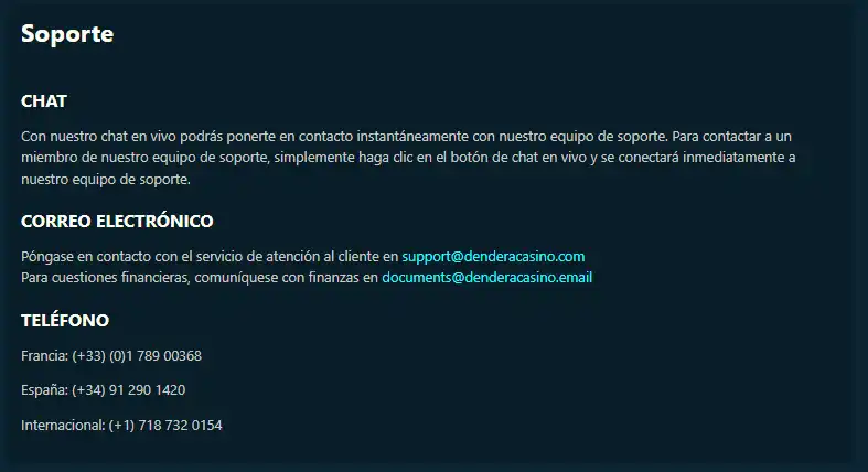 Página oficial de soporte de Dendera con chat, correo y teléfono de España